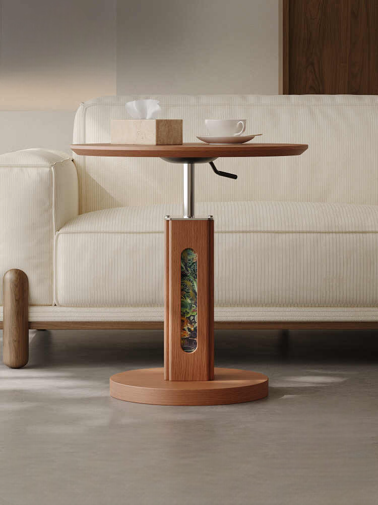 Mid-Century Adjustable Height Ash Wood Side Table, Artistic Round Table for Small Spaces