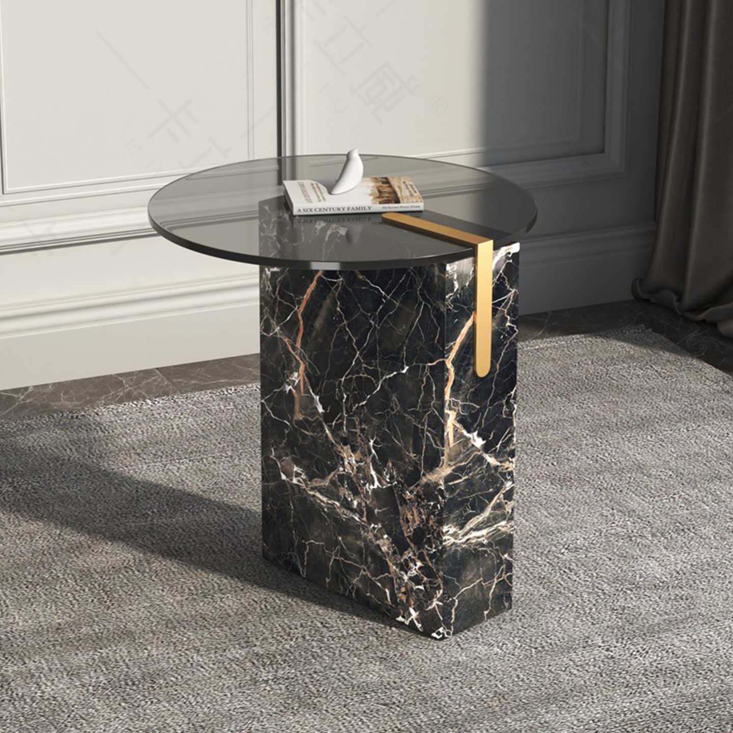 Italian Luxury Grey Glass Round Side Table, Modern Marble Base Corner Coffee Table with Designer Aesthetics