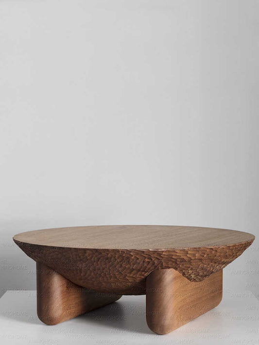 Wabi-Sabi Round Coffee Table Set with Hand-Carved Base, Vintage Style Natural Wood Low Table with Textured Pedestal