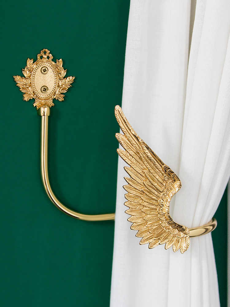 Luxury Angel Wing Curtain Hook Set (Left and Right), Brass Gold Decorative Drapery Holdback, Creative Art Deco Bedroom & Living Room Wall Hook
