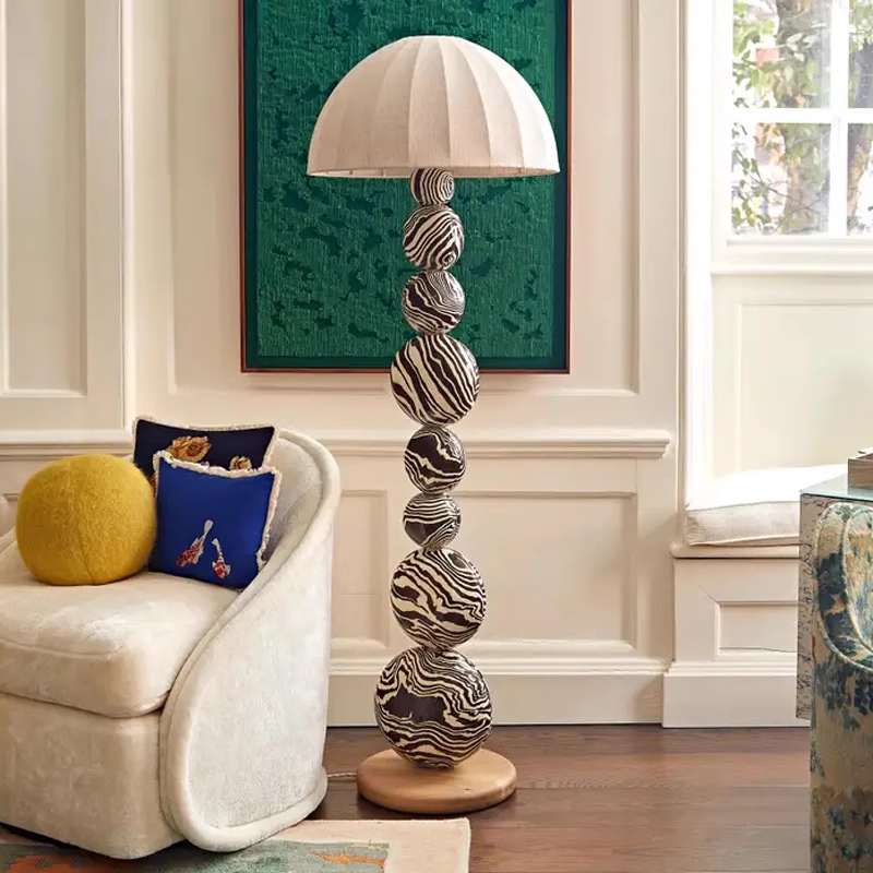 Modern Zebra Stripe Hand-Painted Art Ball Floor Lamp, Designer Sculptural Lighting with Stacked Spheres for Living Room Study, Contemporary Showroom Display
