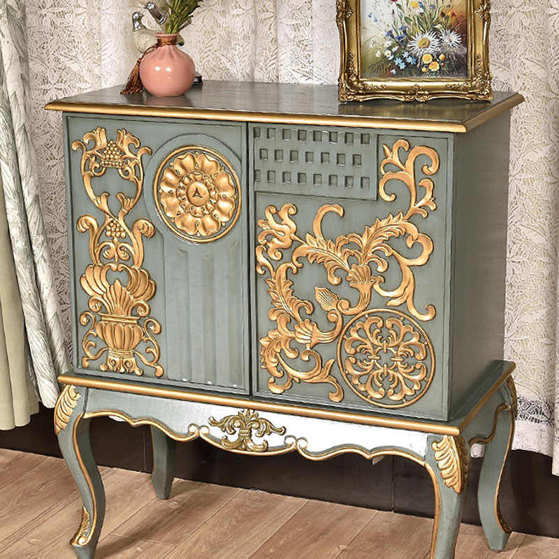 French Neoclassical Carved Console Cabinet with Gold Baroque Relief & Cabriole Legs, Luxury Entry Hall Storage Furniture