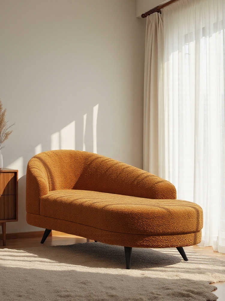 Vintage Chenille Fabric Chaise Lounge Sofa – Retro Cozy Lazy Lounger for Small Living Room, Bedroom & Balcony