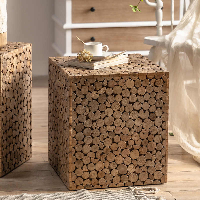 Wabi-Sabi Rustic Wood Branch Cube Table, Natural Teak Log End Accent Table for Living Room & Bedroom