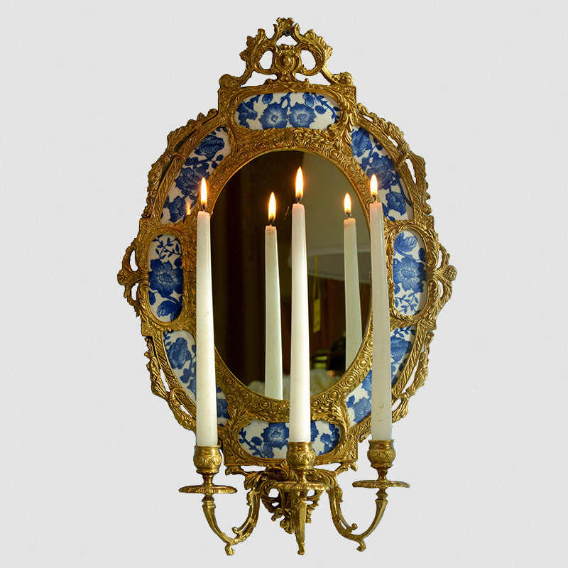 Blue and White Porcelain Brass Wall Mirror Candle Sconce – Oval Entryway Mirror with Candle Holder for Villa and Hall Décor