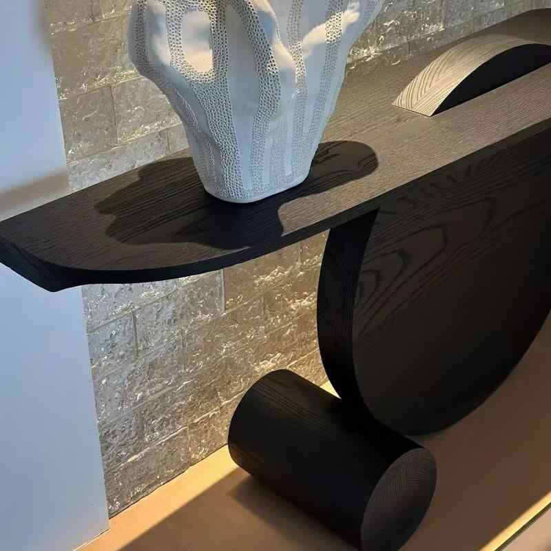 Modern Black Ash Wood Console Table | Creative Designer Entryway Display Stand with Geometric Ball Base, Minimalist Hallway Accent