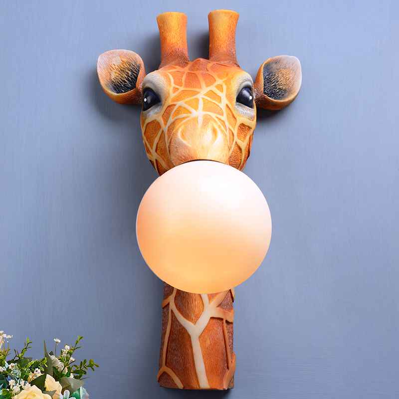 Cartoon Giraffe Wall Lamp, Creative Resin Animal Head Kids’ Bedroom/Bedside/Living Room/Study Cute Animal Decor Sconce