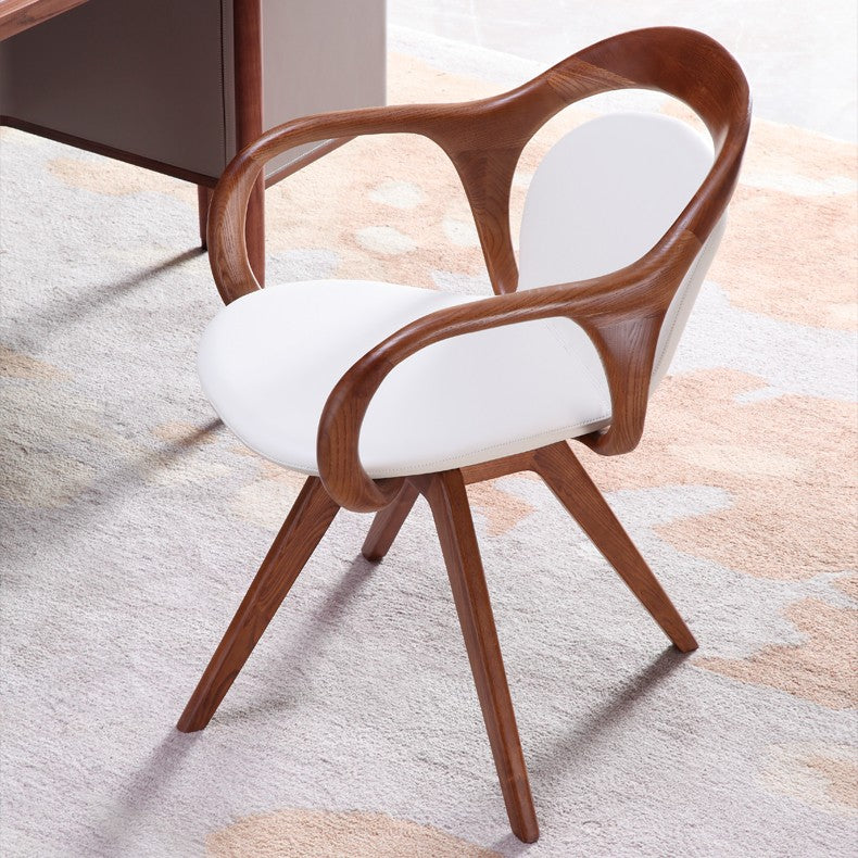 Modern Walnut Swivel Lounge Chair, Premium Solid Wood & Genuine Leather Nordic Reading Chair