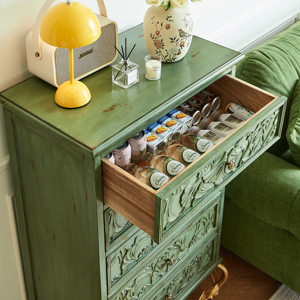 American Vintage Sage Green Chest with Hand-Carved Botanical Relief & Brass Ginkgo Base, 5-Drawer Storage Cabinet