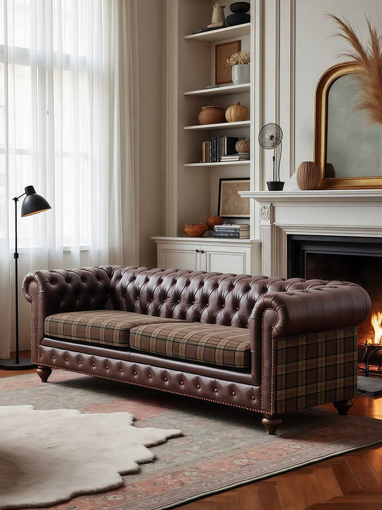 Vintage Chesterfield Leather Sofa – Retro Luxury 3-Seater Couch for Living Room, Club, or Villa, Plaid Cushion