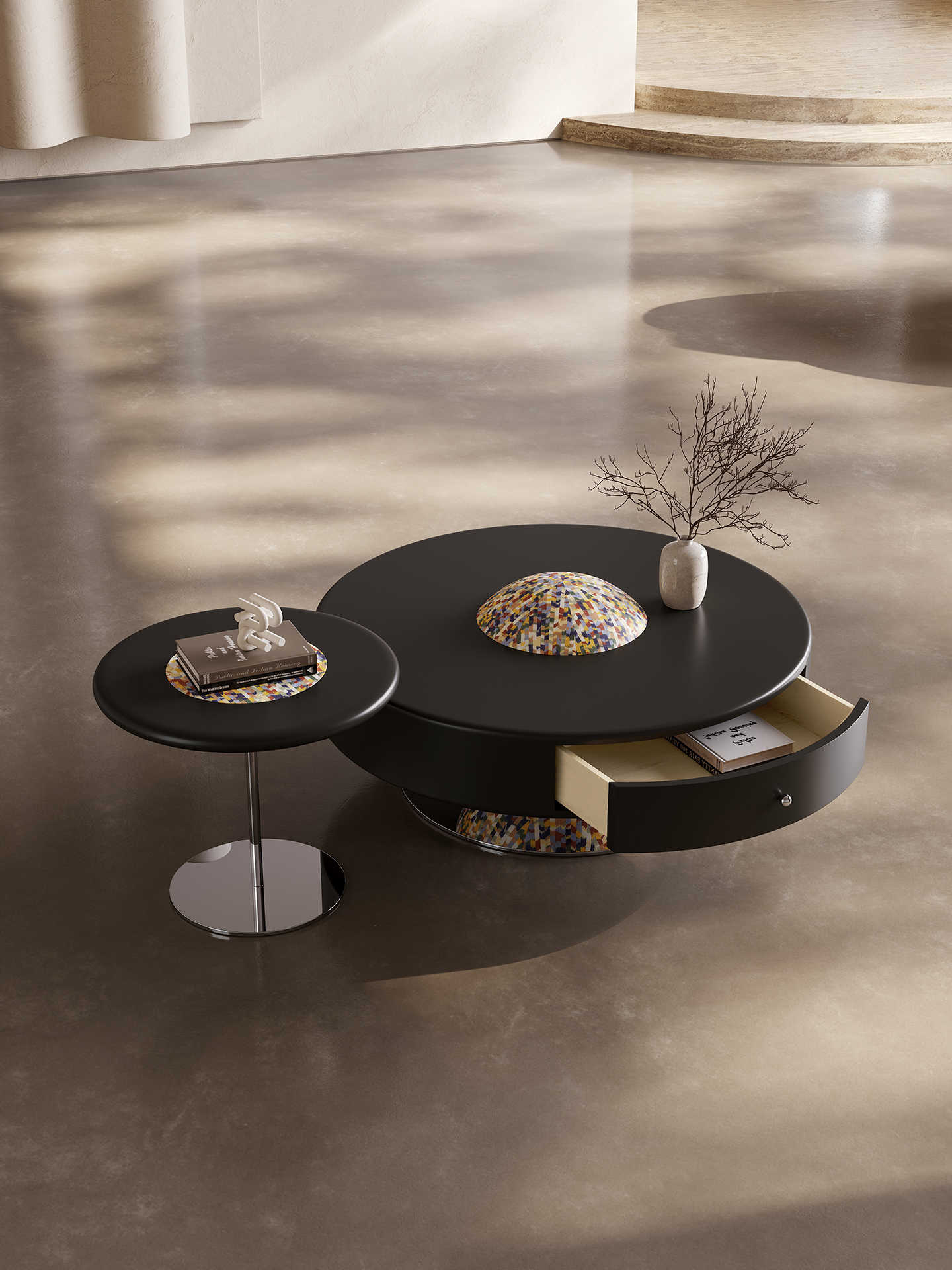 Patent Design Cream Style Coffee Table Set – Italian Minimalist Matte Black with Mosaic Sphere Accents, Contemporary Living Room Furniture