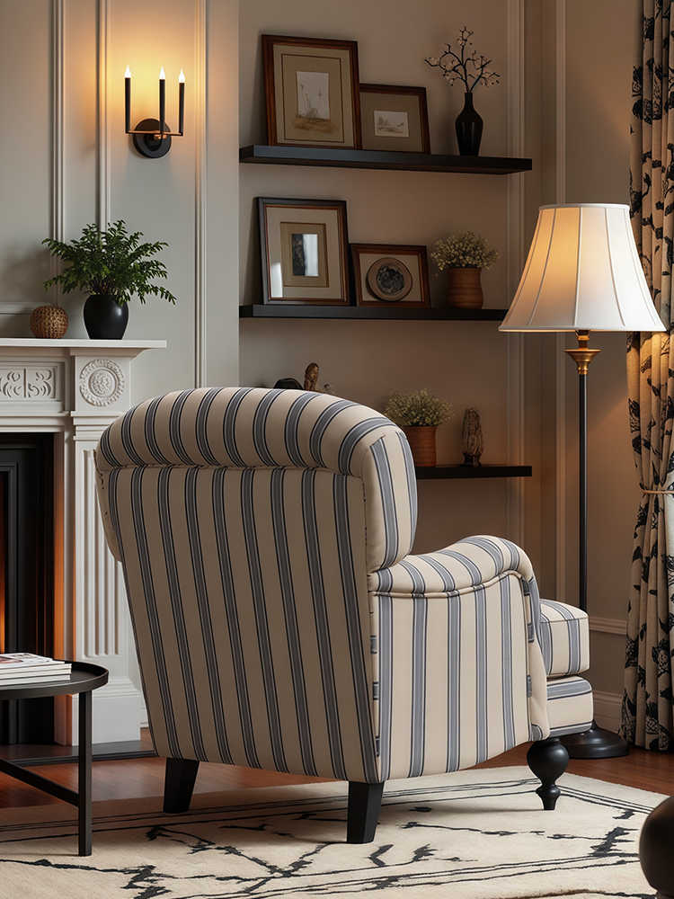 Vintage Blue-White Striped Armchair – Designer Retro Single Sofa for Living Room, Bedroom, Balcony and Study