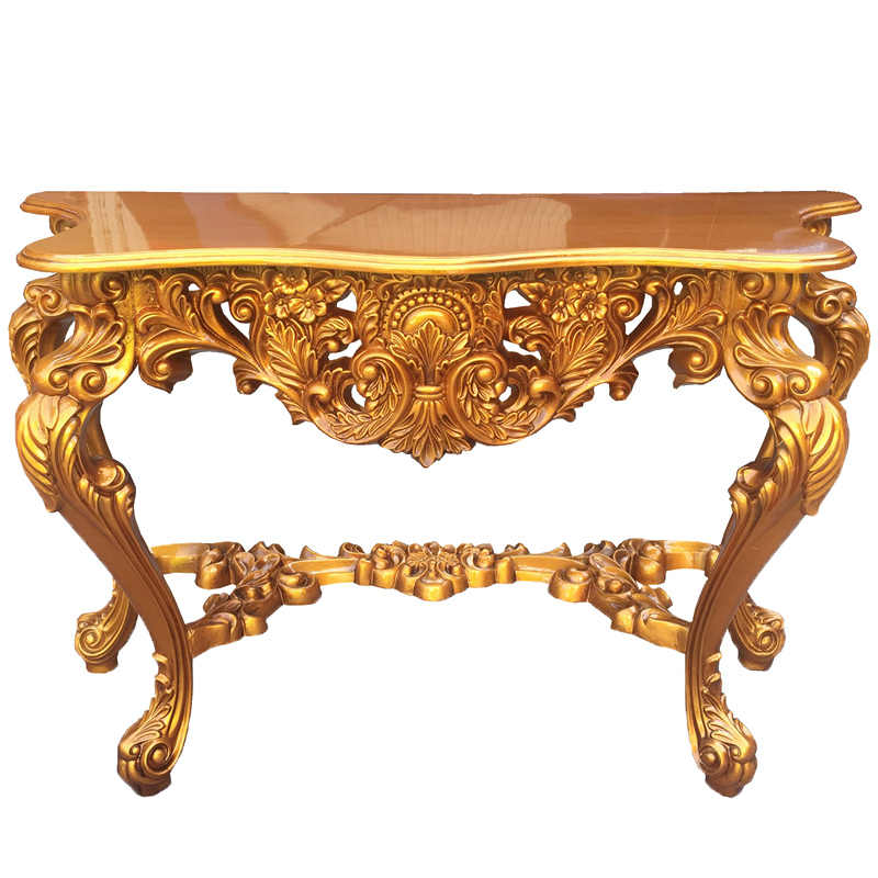 European Baroque Gold Console Table, Ornate Hand-Carved Floral Entryway Table with Curved Legs, Luxury Hall Display Table for Living Room, Foyer