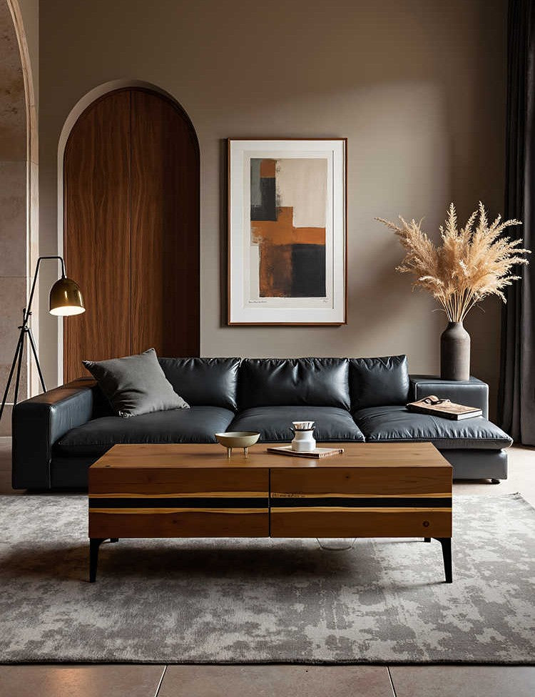 Retro Modern Solid Oak Coffee Table – Minimalist Rectangular Living Room Centerpiece with Drawers, Caramel Finish