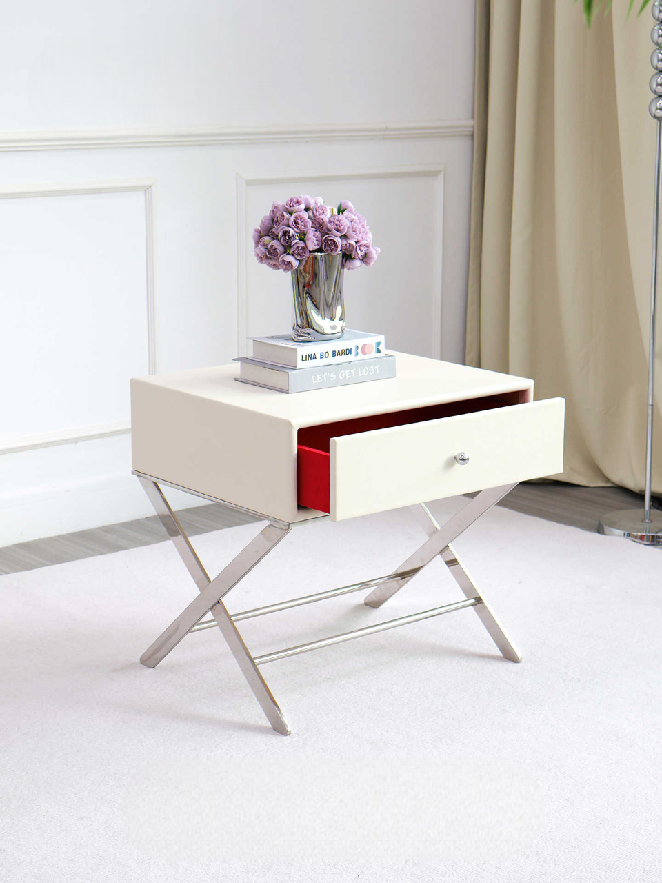 Luxury Large White Bedside Table, Modern High-End Nightstand with Drawer for Villa & Master Bedroom