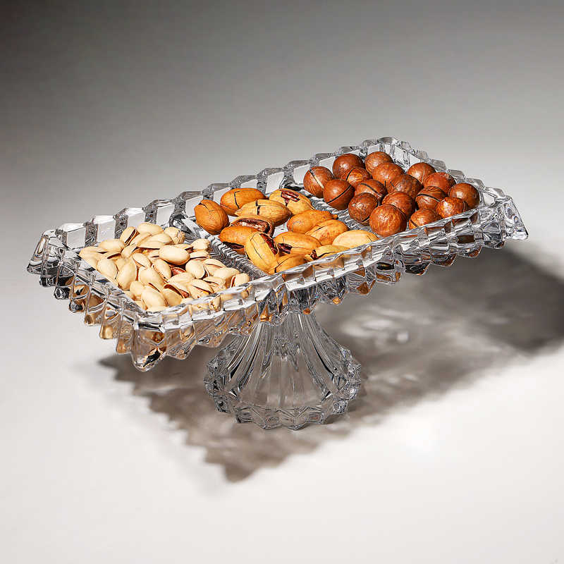 Premium Crystal Glass Divided Pedestal Serving Tray, Rectangular Multi-Section Platter with Ribbed Base, Luxury Appetizer Display Stand