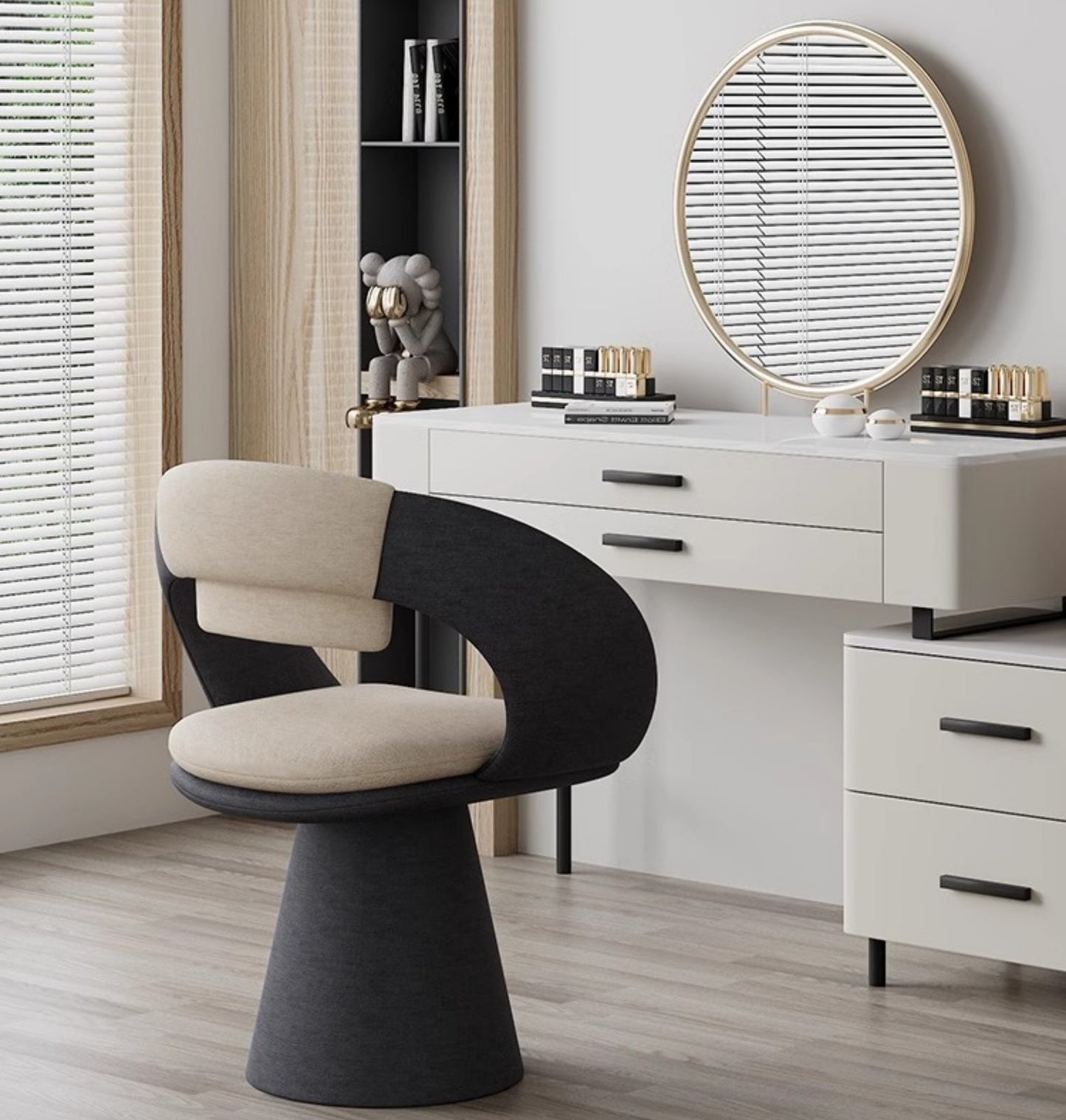 Modern Designer Swivel Chair with Circular Backrest, Contemporary Vanity Chair for Bedroom & Dining Room
