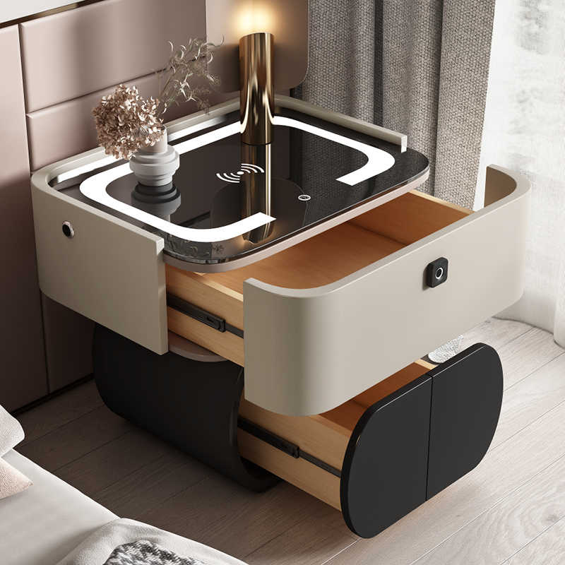 Ultra-Modern Smart Nightstand 2025 – Light Khaki Luxury Design with Biometric Security, Touch Lamp & Comprehensive Charging Station