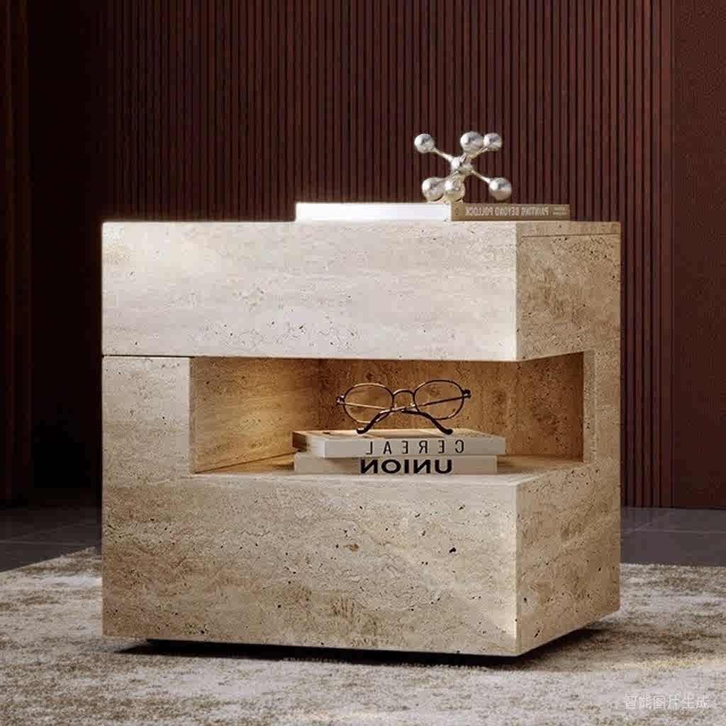 Contemporary Travertine Stone Wabi-Sabi Floating Nightstand – Intelligent LED Lighting Solid Wood Bedside Cabinet with Drawer Storage