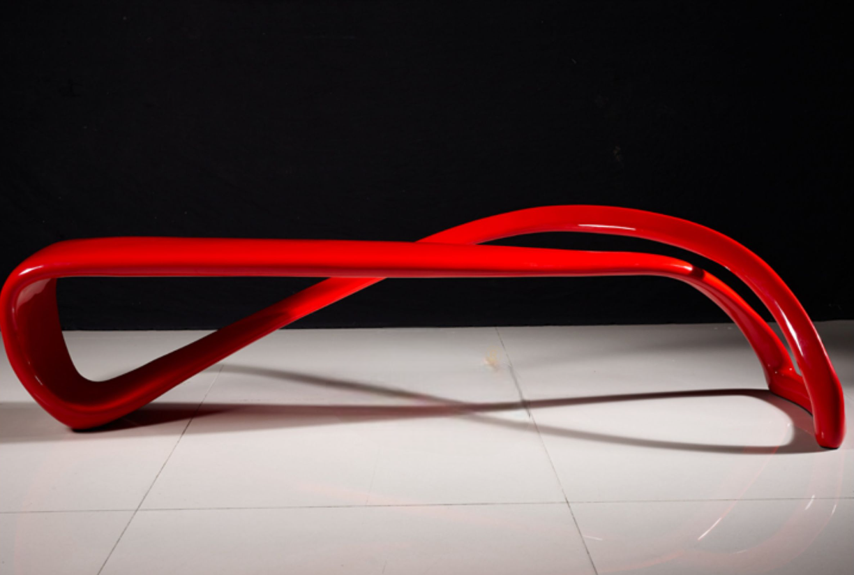 E-Turn Bench Modern Sculptural Outdoor Low Stool, Red Plastic Fiberglass Minimalist Designer Butterfly Bench
