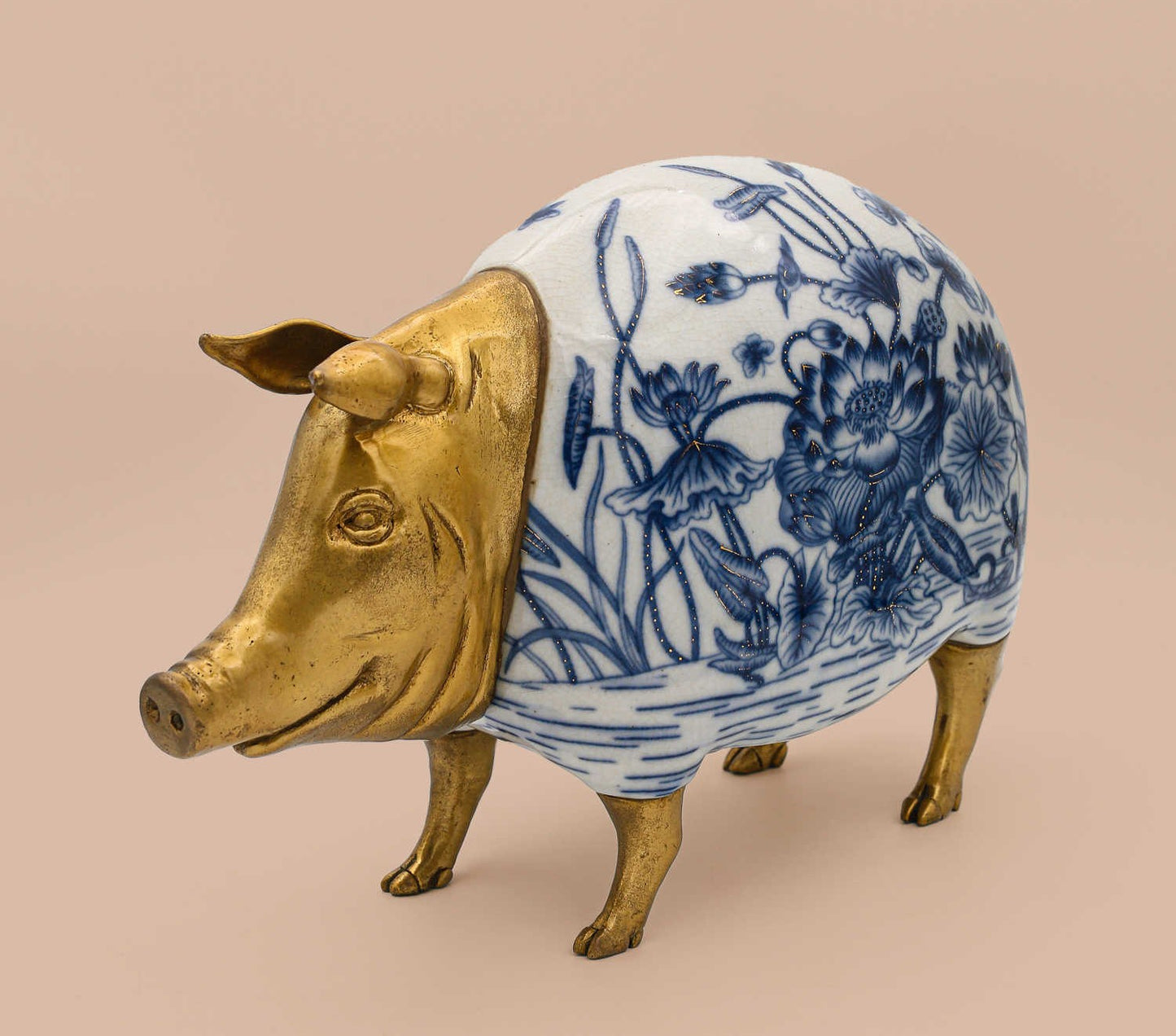 Premium Blue & White Porcelain Pig Sculpture – Traditional Asian Lotus Pattern with Gilded Bronze Details, Luxury Ceramic Home Décor Figurine