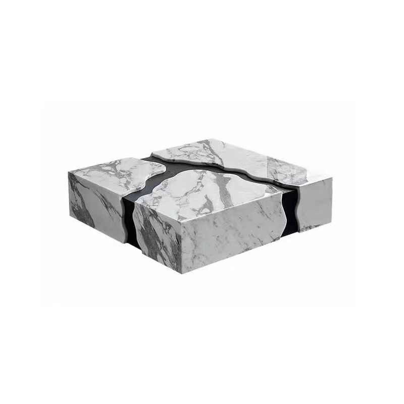 Designer Marble Puzzle Coffee Table – Sculptural Stone Blocks with Black Channels, Luxury 1.2M Square Architectural Art Table for Modern Living Rooms