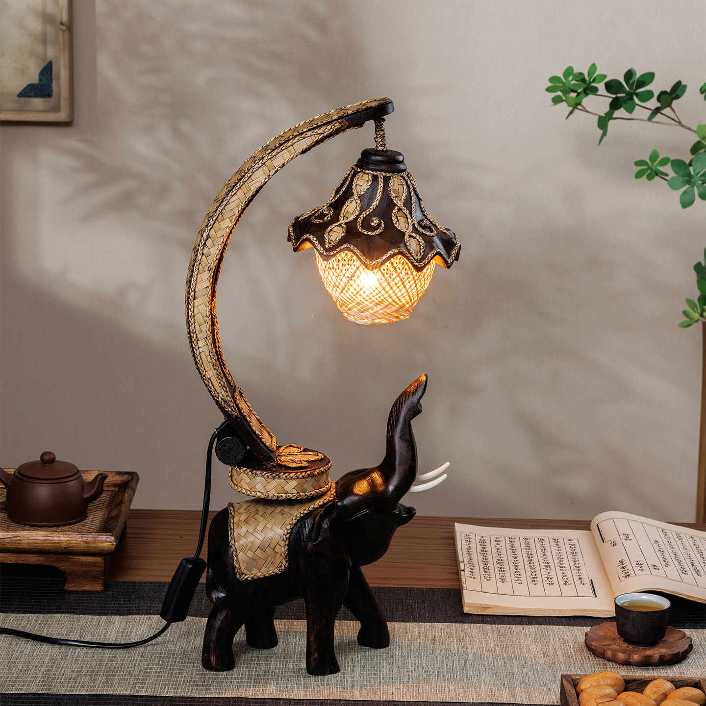 Thai Handcrafted Wooden Elephant Table Lamp, Southeast Asian Zen Style Desk Light with Rattan Shade & Basket Storage