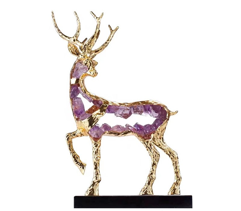 Luxury Amethyst Crystal Agate Deer Sculpture – Gold Modern Accent for Living Room, Entryway, TV Cabinet, Housewarming Gift