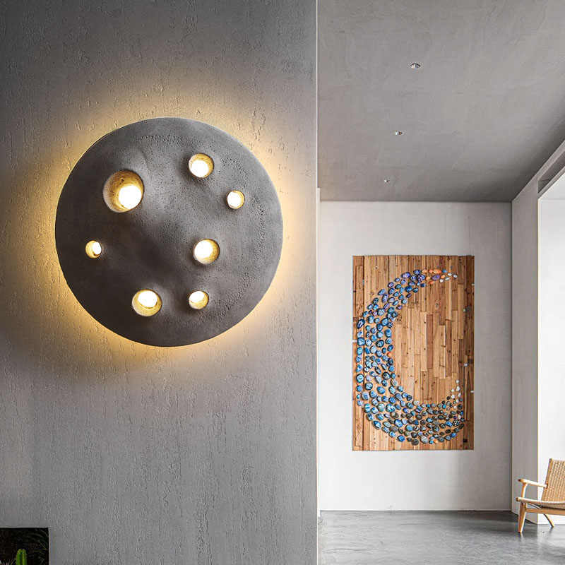 Space Concrete Moon Crater Wall Lamp Set, Creative Outdoor/Indoor Waterproof Lighting, Lunar Surface Sconce