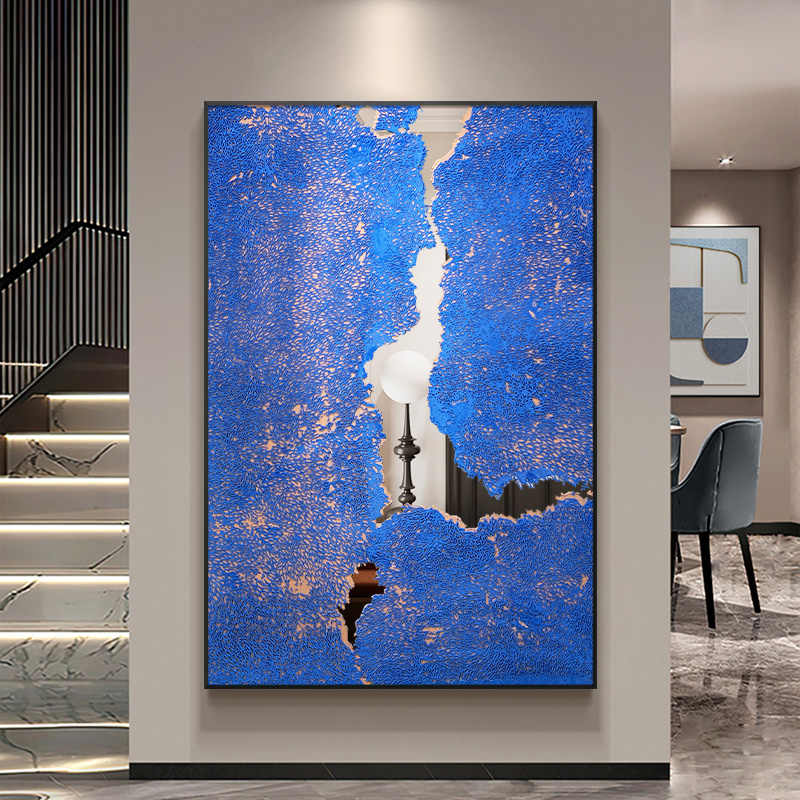 Modern Abstract Klein Blue Textured Wall Art, Mirror Stainless Steel Hand-Painted Relief, Black Aluminum Frame, Large Entryway & Sofa Background Decorative Painting