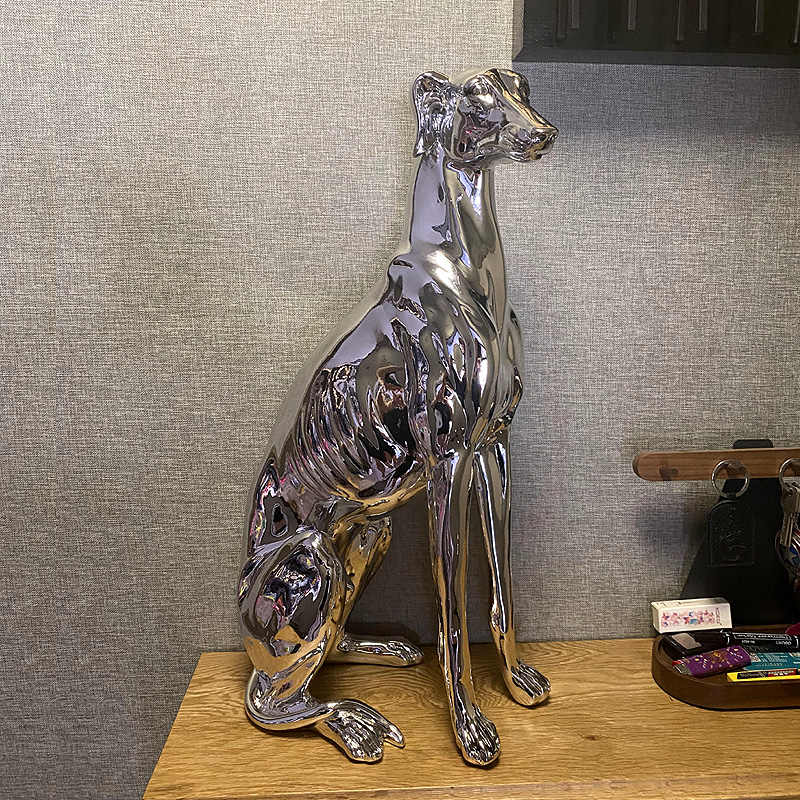 Greyhound Silver-Plated Dog Statue, Modern Villa Living Room Floor Décor, Whippet Sculpture