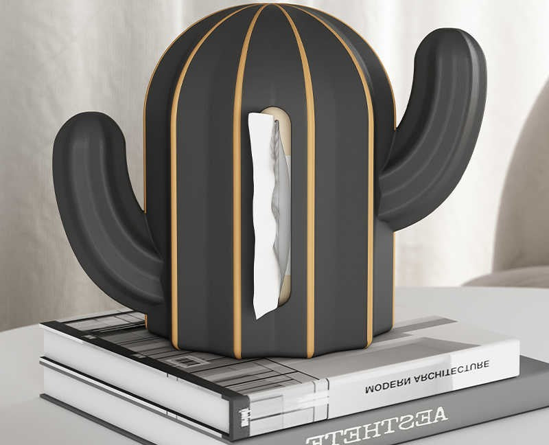 Luxury Cactus Tissue Box Dispenser – Elegant Black & Gold Desktop Organizer for Living Room, Dining & Entryway Decor