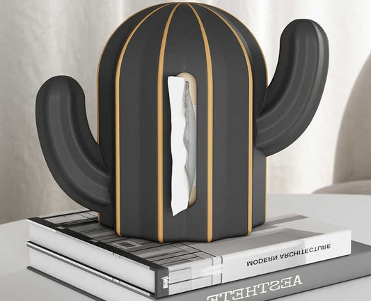 Luxury Cactus Tissue Box Dispenser – Elegant Black & Gold Desktop Organizer for Living Room, Dining & Entryway Decor
