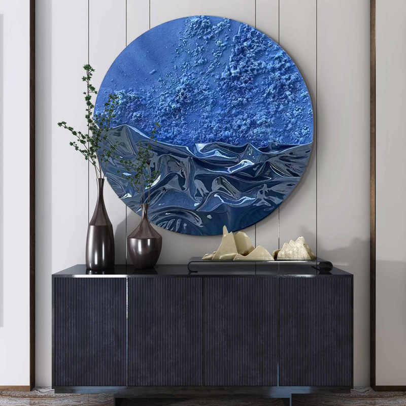 Modern Luxury Round 3D Blue Leather Wall Art, Abstract Hand-Painted Texture Decorative Panel, Frameless Living Room & Entryway Sculpture