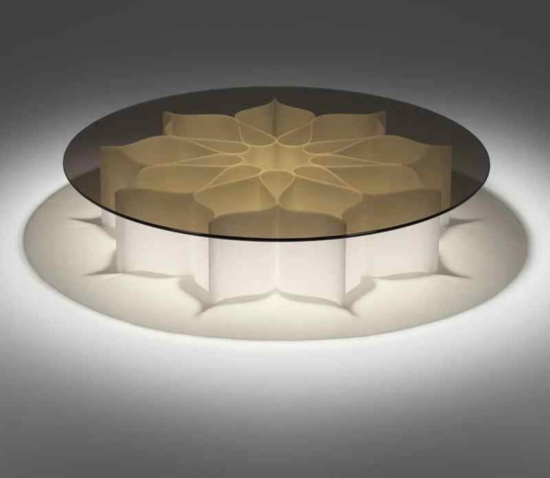 Designer Lotus Glass Coffee Table, Modern Minimalist Black Glass Round Center Table, Lotus-Inspired LED Accent for Hotel, Villa, Lounge