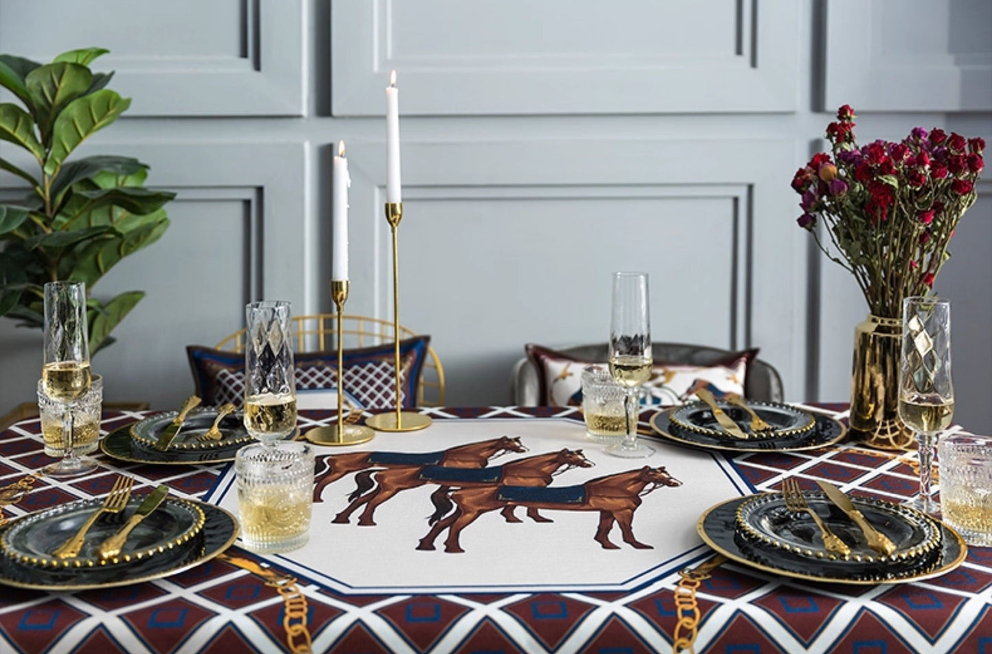 Luxury Horse Print Waterproof Tablecloth – Rectangular Decorative Fabric, High-End Coffee/Side/Accent Table Cover, Washable & Spill-Resistant