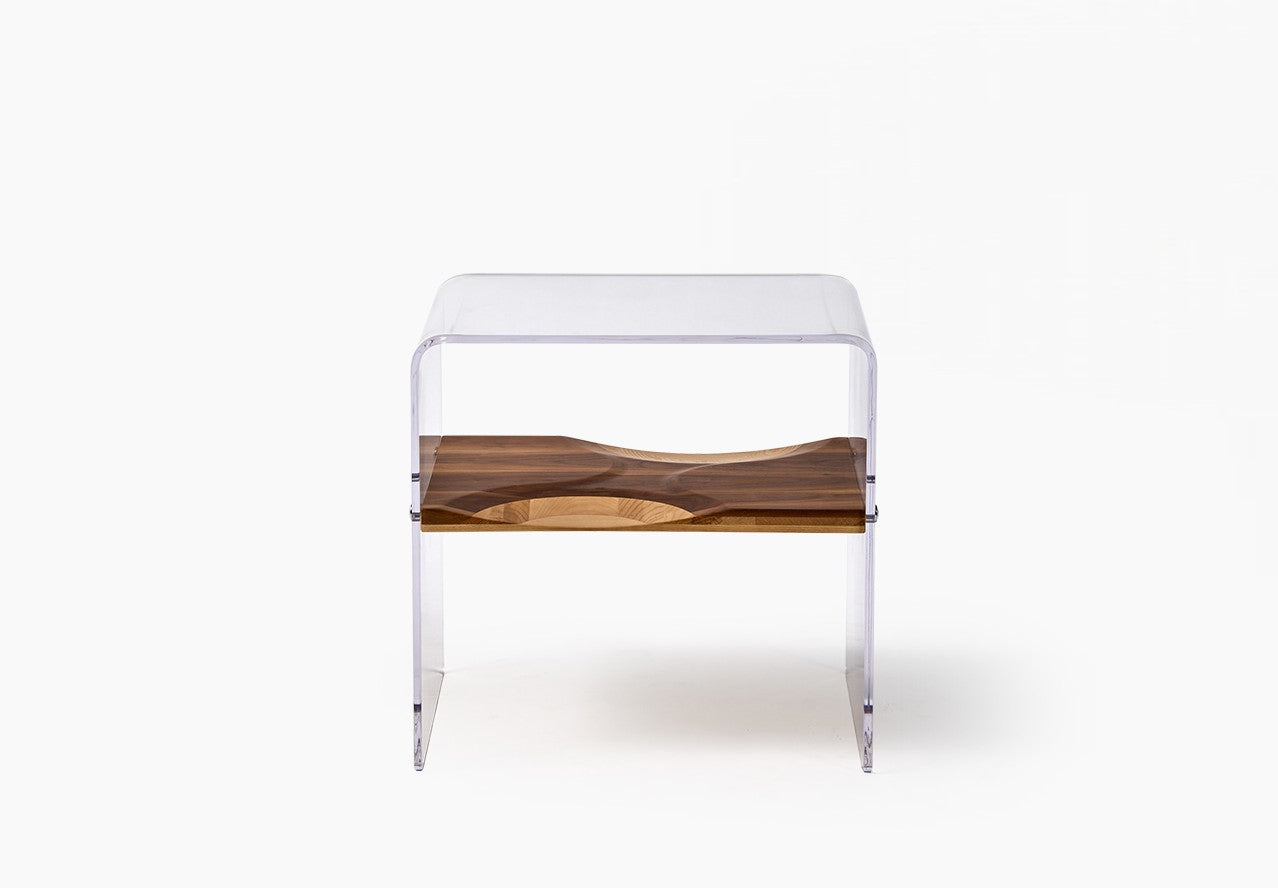 Minimalist Walnut Nightstand, Modern Designer Bedroom Acrylic & Wood Side Cabinet