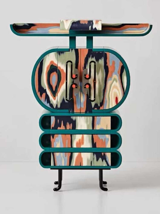 Contemporary Art Painted Storage Cabinet – Emerald Green Abstract Pattern Sideboard with Sculptural Design, Multi-Level Artist Console for Modern Living Spaces