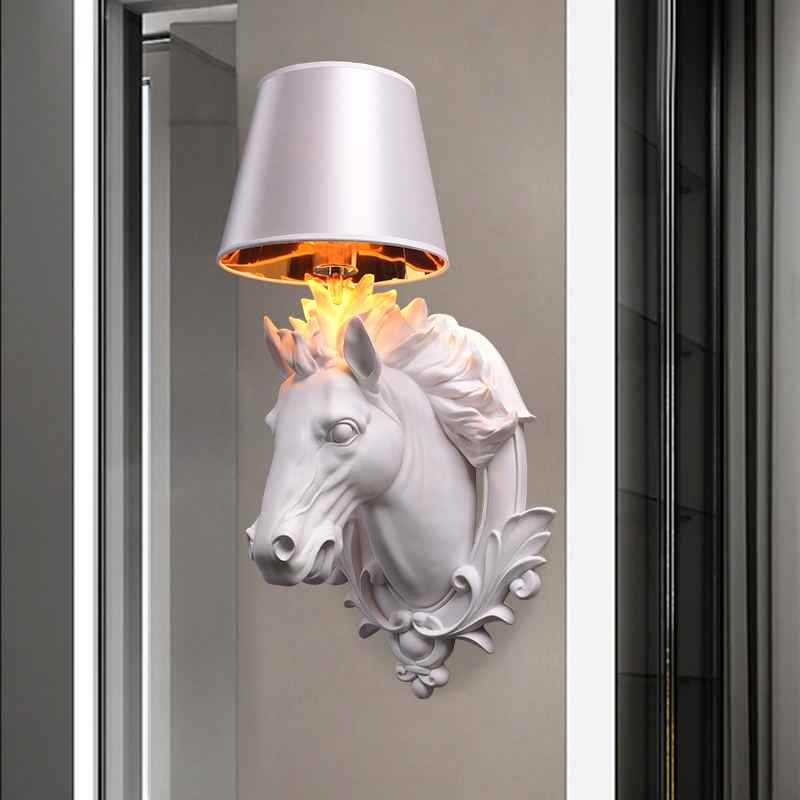 Creative Horse Head Wall Sconce – Large White Animal Lamp with Modern Shade for Living Room, TV Feature Wall, Hotel, KTV, Stairs, or Corridor Décor