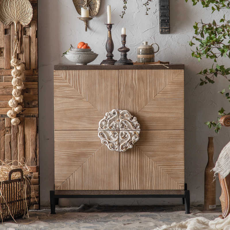 American Rustic Wood Entryway Cabinet with Chevron Pattern & Ornate Metal Hardware, Distressed Finish Storage Console for Small Spaces