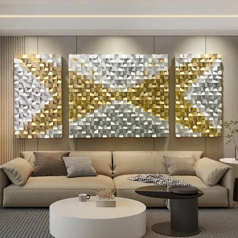 Luxury Modern 3D Wood Mosaic Wall Art Triptych, Large Handcrafted Pine Decorative Panels for Living Room Sofa and Bedroom, Unframed Set