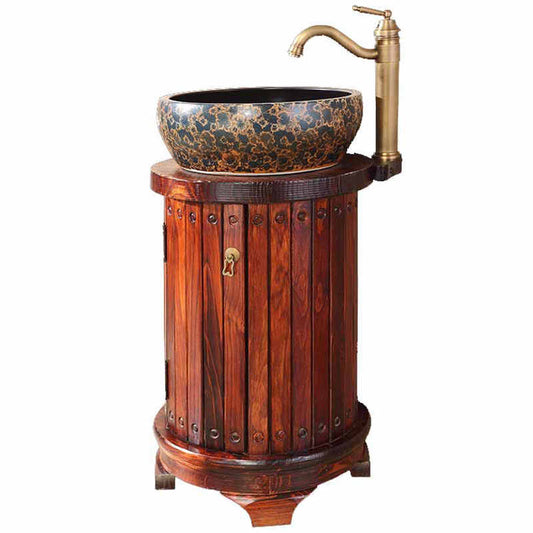 Luxury Solid Wood Bathroom Vanity Cabinet – Modern Song Dynasty-Style Round Basin Sink Storage, Small Space Washstand for Bathroom, Balcony, or Tea Room, Deep Walnut Finish