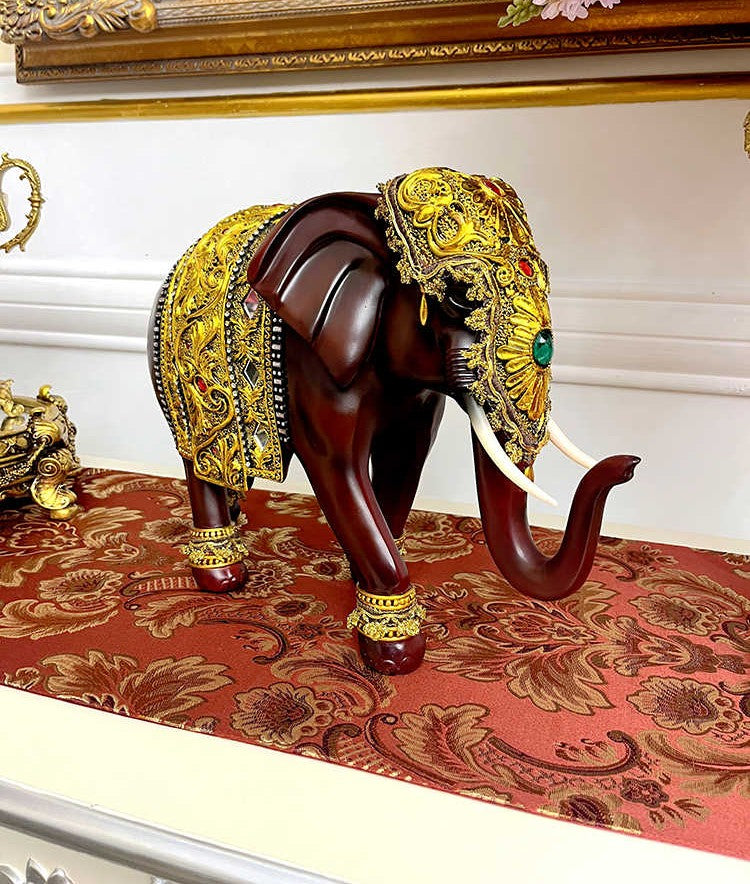 Luxury Handcrafted Elephant Pair Figurines, Villa & Entryway Statement Decor, Chestnut Brown with Ornate Golden Details