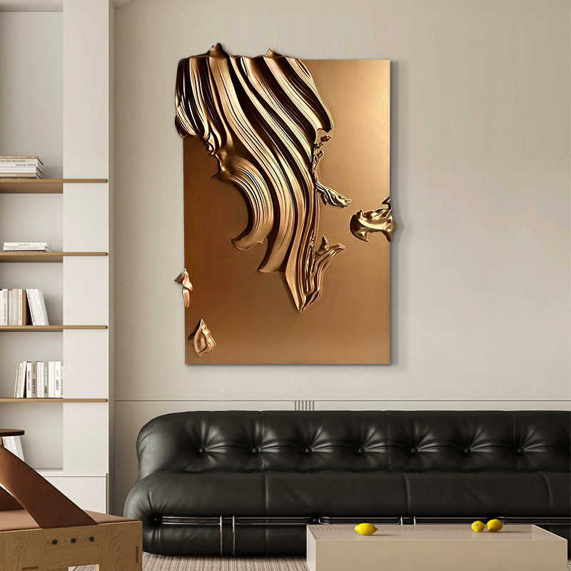 Luxury 3D Abstract Wood Embossed Wall Art, Hand-Painted Golden Statement Piece for Hallway or Duplex Living Room, Vertical Unframed Decor