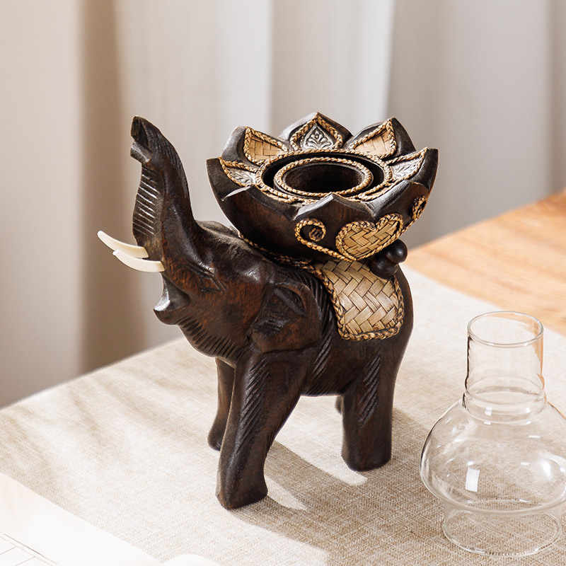 Thai Hand-Carved Wooden Elephant Candle Holder, Lotus Flower Design Aromatherapy Candlestick for Home Decor & Dining Ambiance