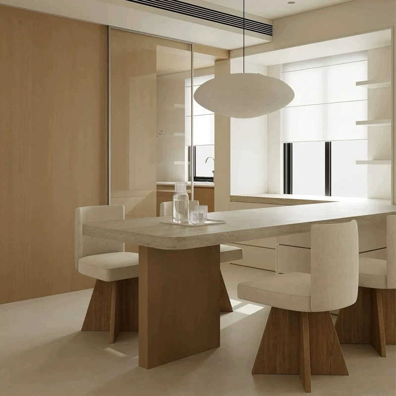 Nordic Minimalist Dining Chair with Star-Shaped Wood Base, Cream Upholstered Accent Chair with Geometric Design, Wabi-Sabi Style Desk Chair