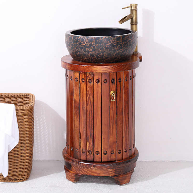 Luxury Solid Wood Bathroom Vanity Cabinet – Modern Song Dynasty-Style Round Basin Sink Storage, Small Space Washstand for Bathroom, Balcony, or Tea Room, Deep Walnut Finish