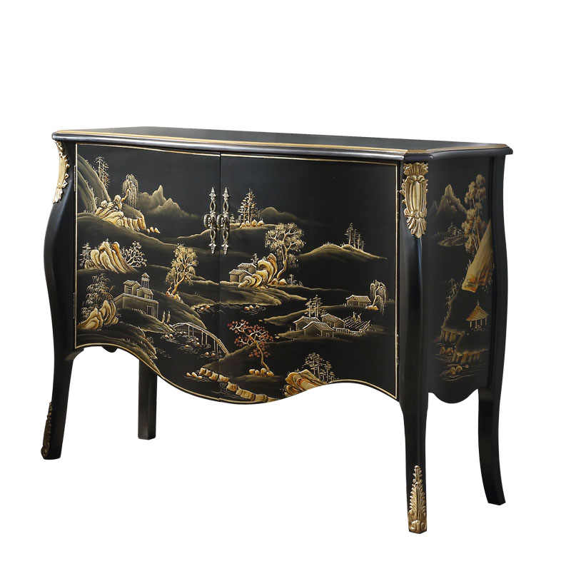 Hand-Painted Landscape Entryway Cabinet, Style Antique Solid Wood Hallway Sideboard