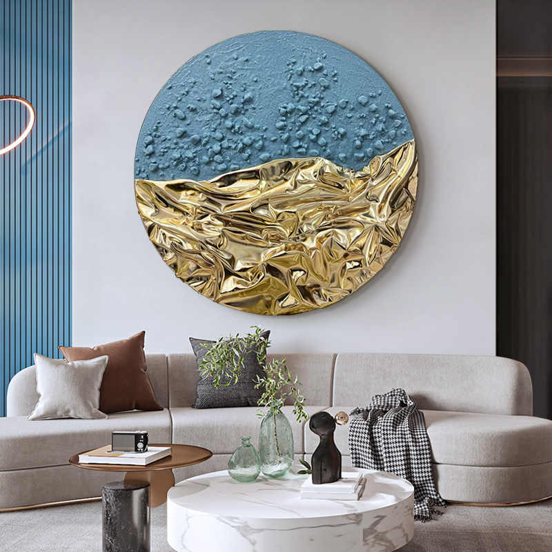 Modern Luxury Round 3D Leather Art Wall Panel, Abstract Handcrafted Texture Gold & Blue Decorative Painting, Frameless Living Room & Entryway Sculpture
