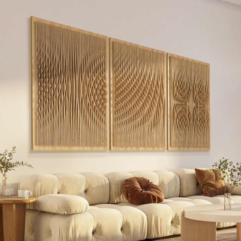 Natural Solid Wood Hand-Carved 3D Wall Art Panel, Designer Original Modern Entryway & Living Room Sculpture, Frameless